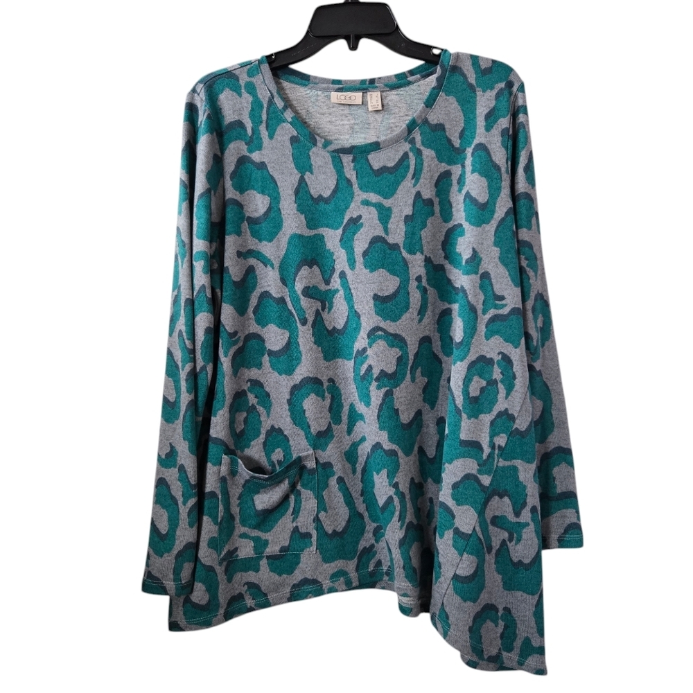 LOGO by Lori Goldstein  Animal Print Asymmetric Tunic Top Pocket Green Gray